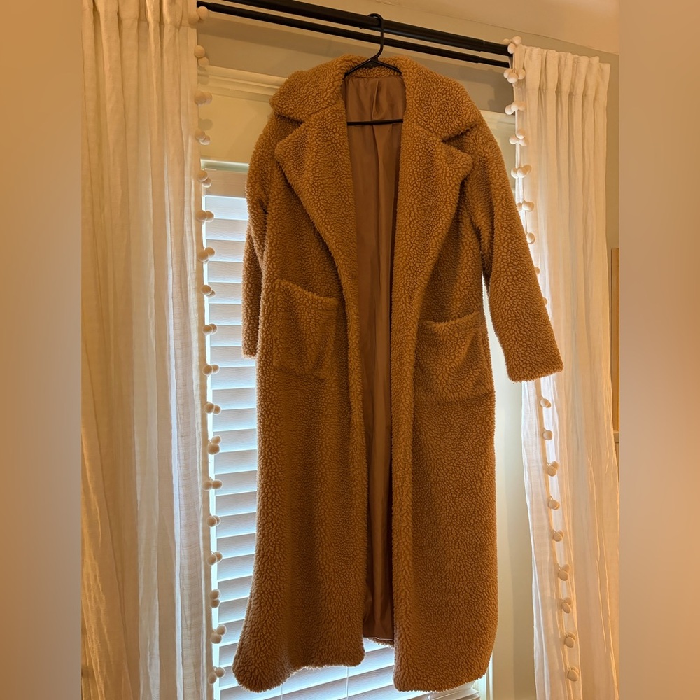Long open front Teddy trench with pockets, camel colored